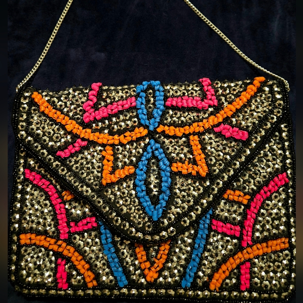 Lefties NEW Bright Color Beaded, Silver Sequin Clutch/ Chain Purse Pocket Inside
